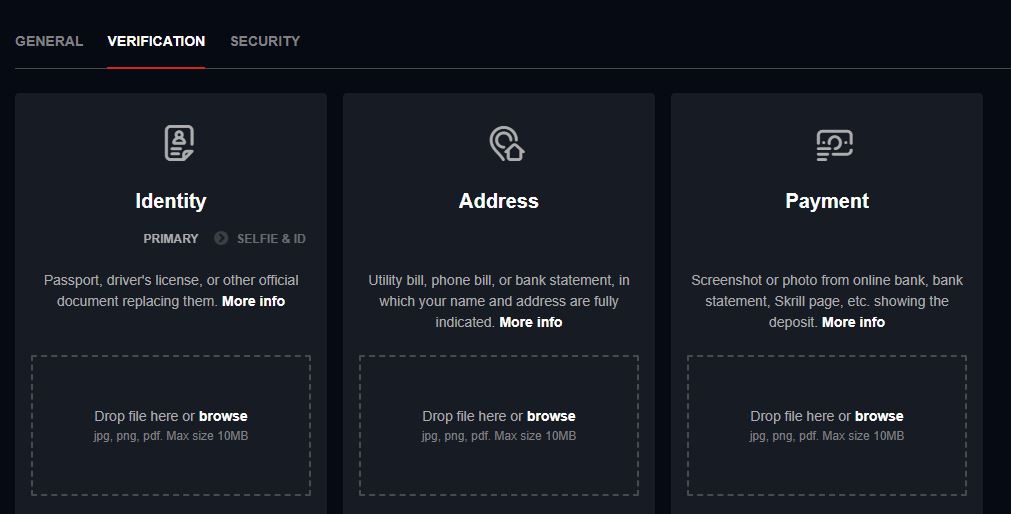 Verify your account by uploading identity, address and payment documents