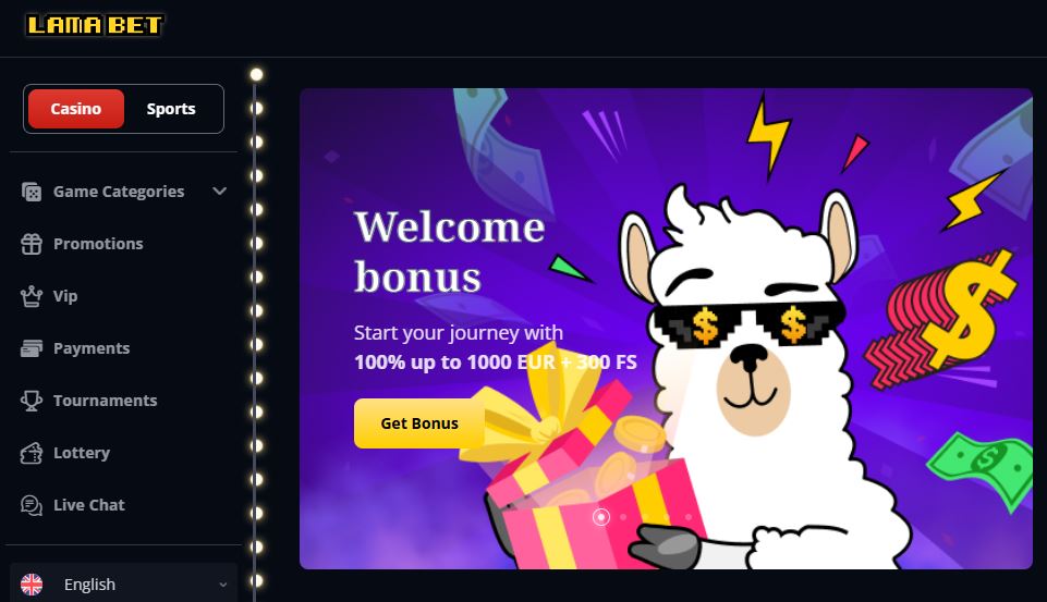 Visit LamaBet homepage and claim welcome bonus up to 1000 EUR plus 300 free spins