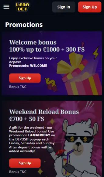 Claim welcome bonus up to €1000 and weekend reload bonus at LamaBet app
