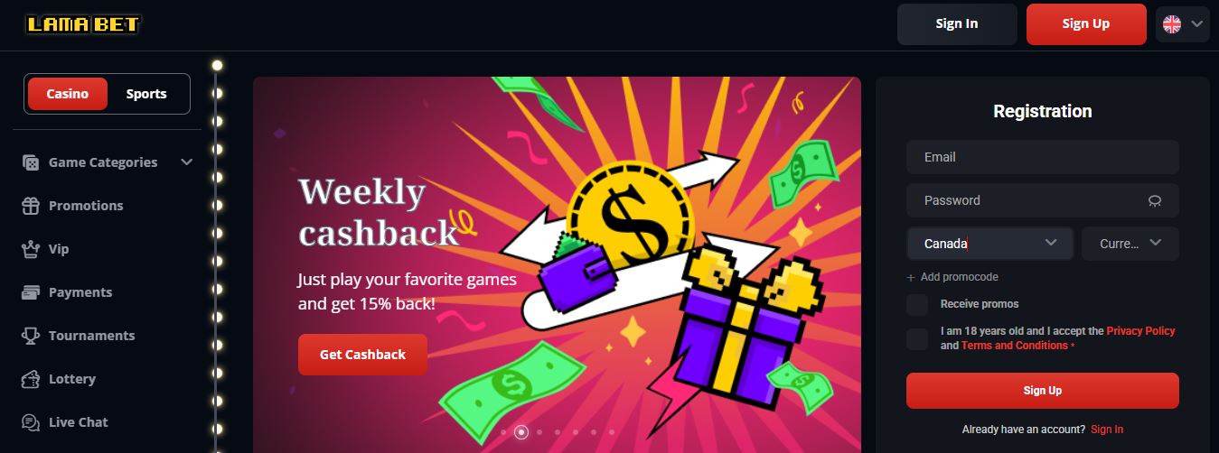 Register at LamaBet and get weekly cashback of 15% on all your favourite games 