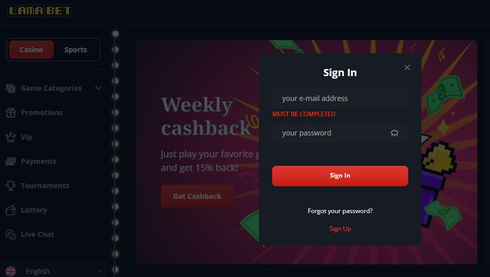 Sign in to your LamaBet account to start playing and winning 