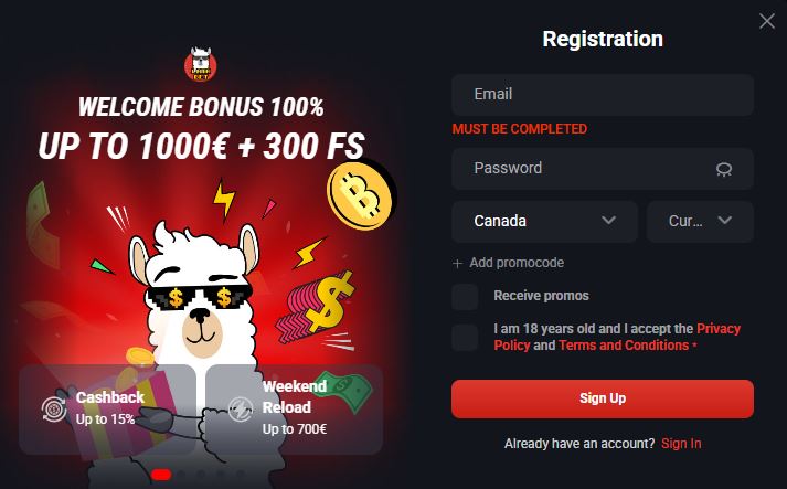 Sign up and claim welcome bonus up to 1000€ plus 300 free spins